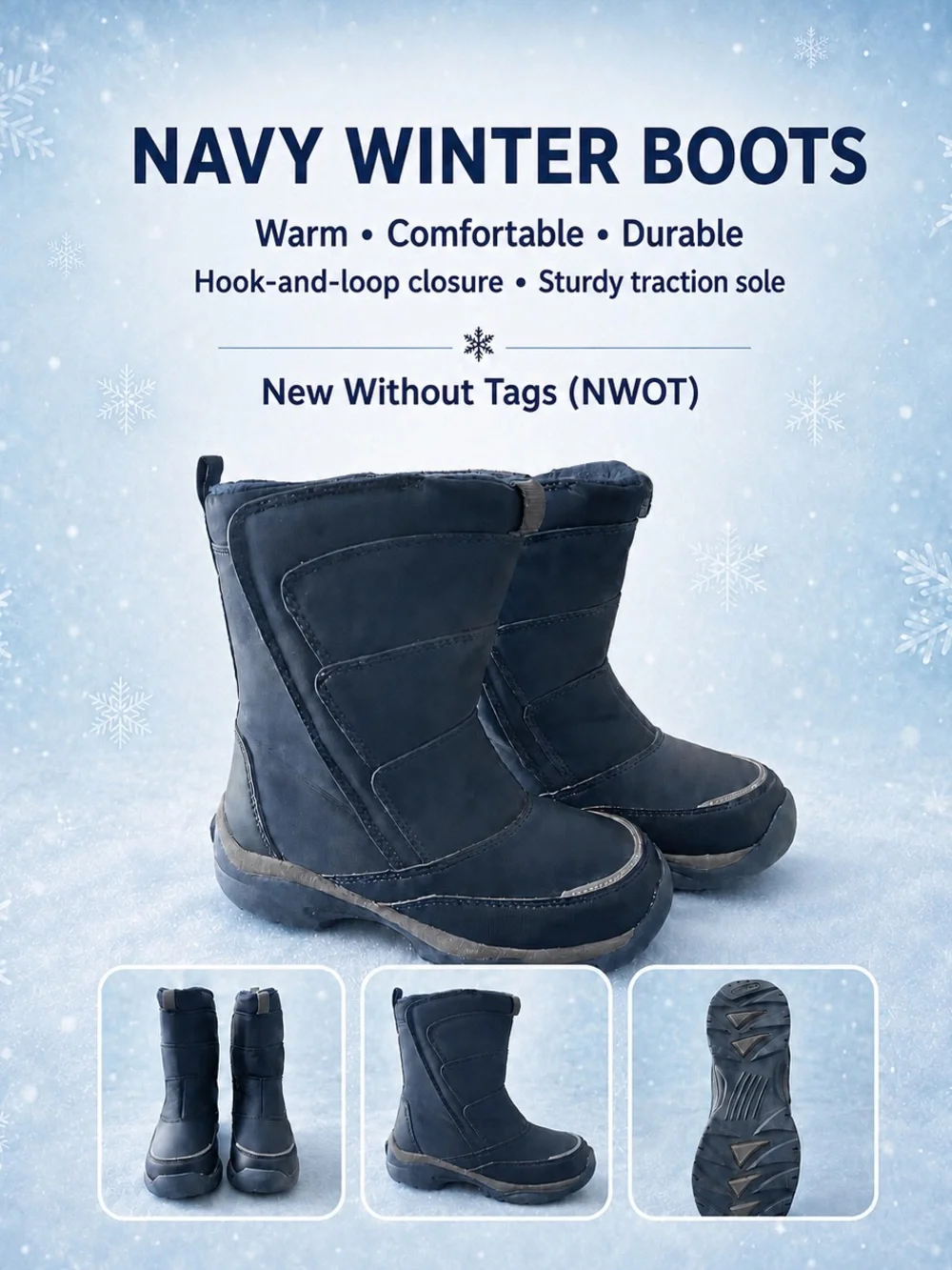 Navy Kids Winter Boots - Warm Hook-and-Loop Snow Bmoot.